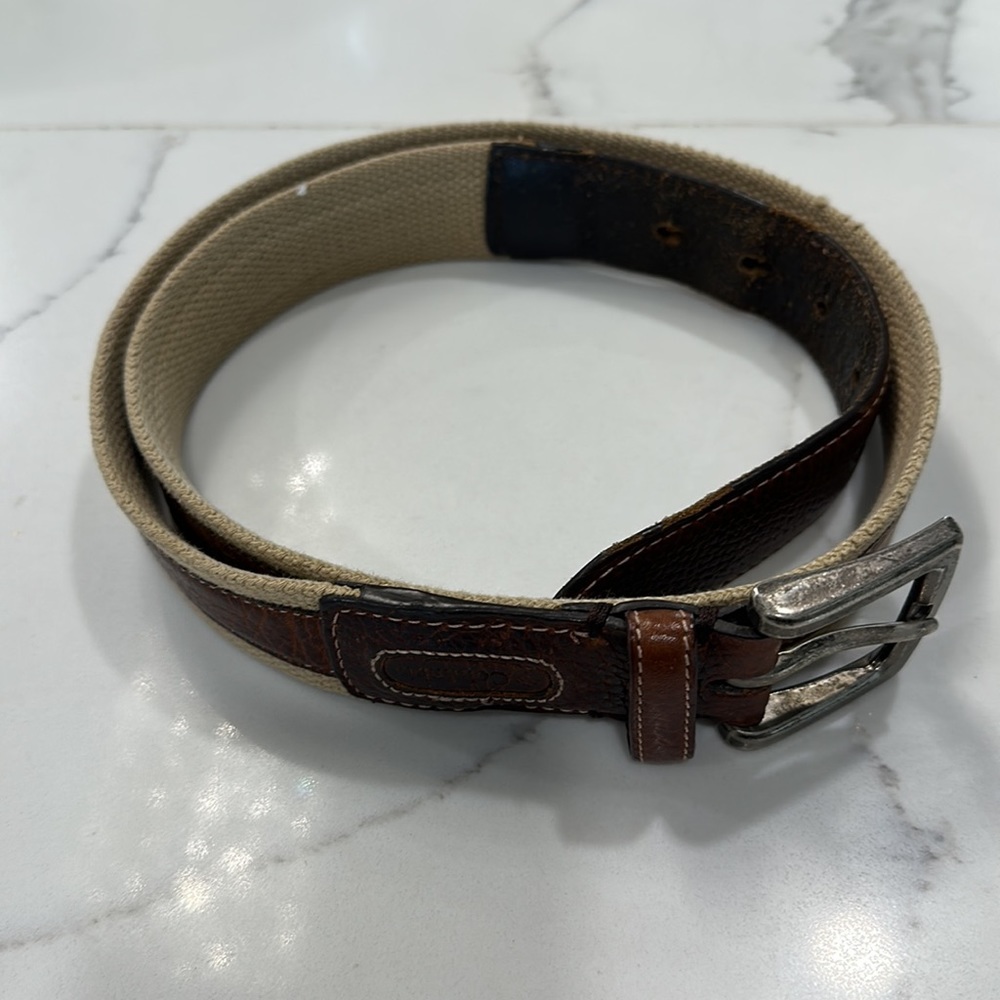 Columbia Men’s 36 Tan Canvas Belt Brown Leather Trim. Inlay 1.5 Width